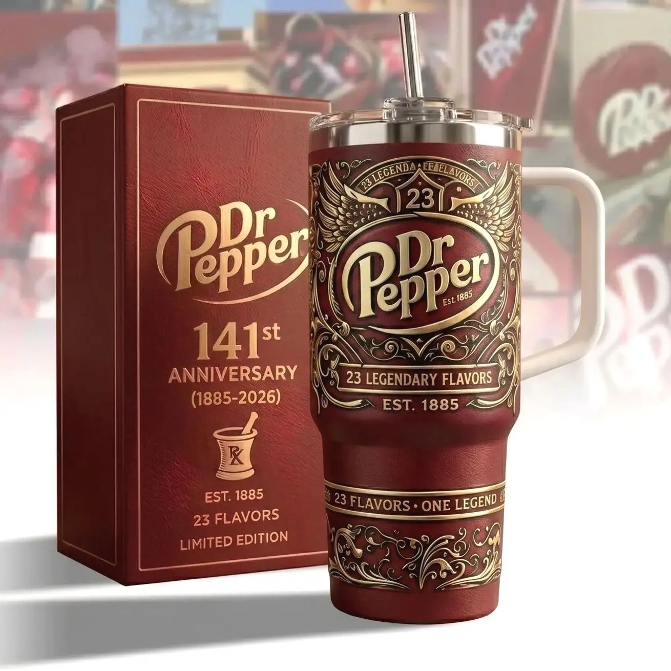 Docter Pepper 141st  Anniversary Tumbler 40oz With Handle & Straw, Limited Edition 1885-2026 Collector Cup, Retro Soda Fan Gift, Vintage Dr Pepper Drinkware, 23 Flavors Stainless Steel Travel Mug, Insulated Beverage Tumbler