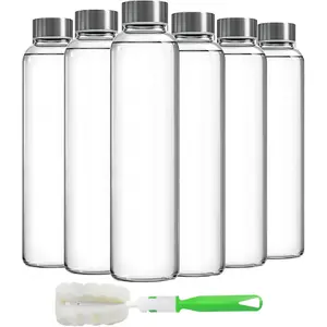 Clear Glass Bottles with Lids, 18oz Resuable Glass Water Bottles for Juicing with Stainless Steel Cap to store Milk, Smoothie, etc., 100% Leak Proof, Durable and Dishwasher Safe (Set of 6)