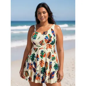 BLOOMCHIC Plus Size Tropical Print Cami Swim Dress[M-6X] 2026 Summer Vibes Swimweek summerwins,Spotlight,Summer wins,Deals for your days