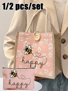 Ladies Multifunctional Handbag Set, Casual Trendy Bag, Cute Bee and Heart Pattern, Holiday Style Letter Design, Perfect for Weddings, Birthdays, Beaches