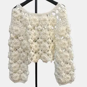MIAO Women's Handknitted Sweater High-waist Women's Top Rave Outfits 3D White Flowers Hollow Design Wool Material  Knitting