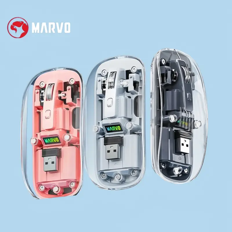 Marvo Portable Transparent Optical Wireless Mouse: Ergonomic grip, 1000 DPI, low latency, up to 18-month battery life; suitable for small-to-medium hands; compatible with laptops, PCs, and Macs—ideal for office use or travel. mouse keyboard