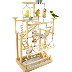 Bird Playground Parrot Playstand Natural Wood Bird Perches Stand, Bird Play Gym Playpen for Parakeet Cockatiel Bird Toys, Bird Cage Accessories, with Removable Tray and 4 Stainless Steel Cups
