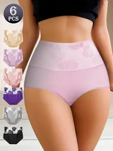 QUASTI 6 Pack High Waist Colorblocking Cotton Women's Briefs with Printed Design,High Elasticity Tummy Control Hip Lifting Elegant Underwear,Flower Power Panties,Soft Comfortable Womenswear Mixed Color,Fashionable Elegant Women's Panty,S-XXL