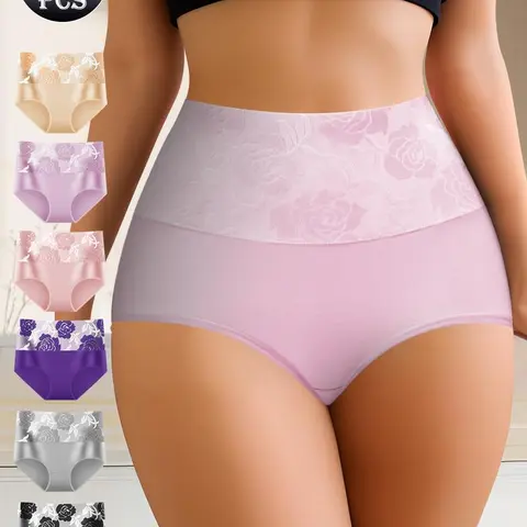 QUASTI 6 Pack High Waist Colorblocking Cotton Women's Briefs with Printed Design,High Elasticity Tummy Control Hip Lifting Elegant Underwear,Flower Power Panties,Soft Comfortable Womenswear Mixed Color,Fashionable Elegant Women's Panty,S-XXL