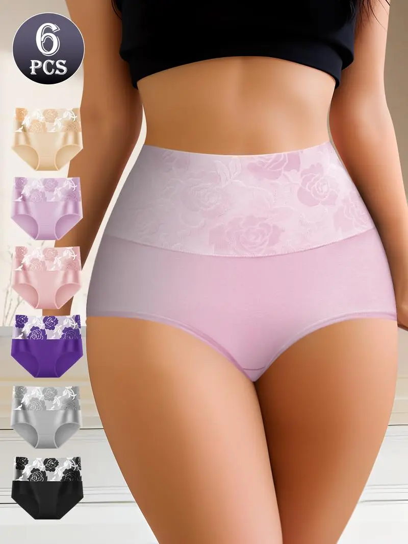 QUASTI 6 Pack High Waist Colorblocking Cotton Women's Briefs with Printed Design,High Elasticity Tummy Control Hip Lifting Elegant Underwear,Flower Power Panties,Soft Comfortable Womenswear Mixed Color,Fashionable Elegant Women's Panty,S-XXL