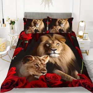 Soft and comfortable lion print duvet cover set, 1 duvet cover and 2 pillowcases (unfilled) made of soft semi transparent polyester material, available in various sizes as a three piece bed set with rose animal pattern design