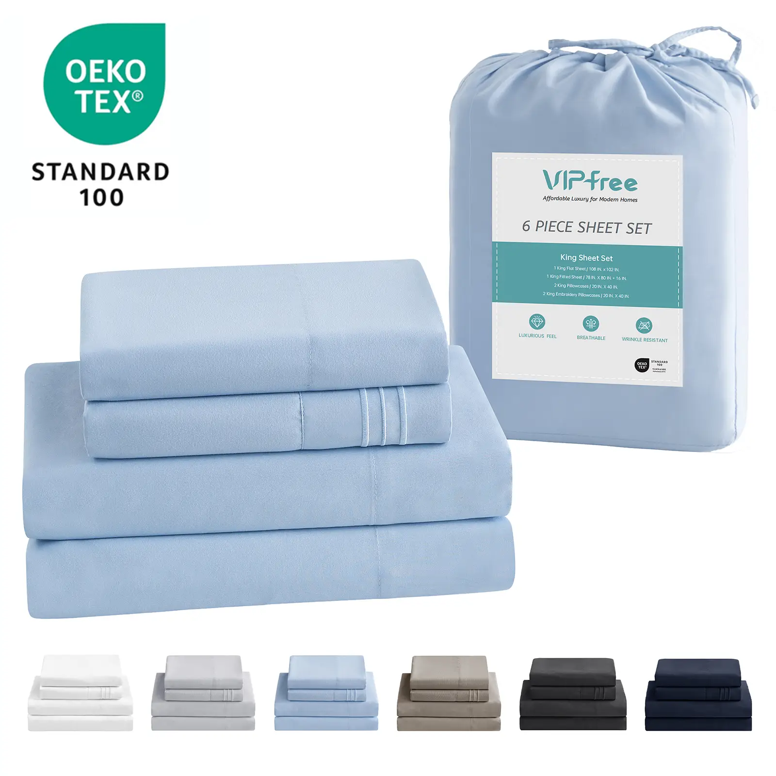 VIPfree FallFreshness Breathable & Cooling Sheets Hotel Luxury Bed Sheet Set Extra Soft Deep Pockets Easy Fit Oeko Tex