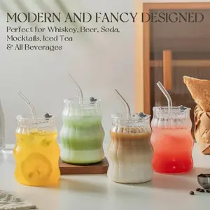 Thickened Wide Mouth Glass Cup with Straw & Lid, Drinkware, 1/2 Counts 18oz Beverage Water Tea Iced Coffee Latte Glasses, Food Grade BPA Free Lead Free Leak Proof Drinking Cup for Home Kitchen Dining Room Office, Dishwasher Safe Durable GlassCup