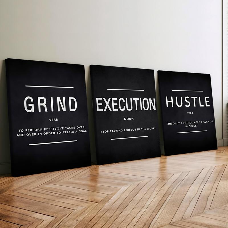 3pcs Wooden Framed Canvas Wall Art, GRIND, EXECUTION, HUSTLE Modern Classic Art Deco Style, Waterproof & Odorless HD 8K Print, Indoor/Outdoor Home Decor for Living Room, Bedroom, Office - Perfect Gift for Friends & Family