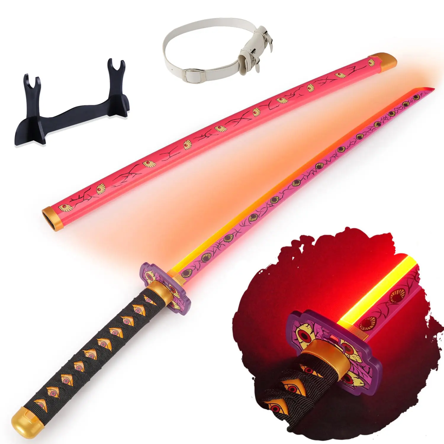 Light Up Kokushibou Cosplay Sword, 41-Inch Plastic Demon Slayer Replica for Anime Fans and Collectors with Belt and Display Stand, Light Up Sword