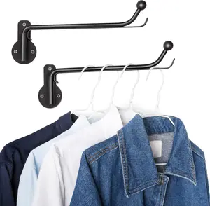 Wall Mounted Drying Rack Laundry Clothes Hanger with Swing Arm Space Saving Metal Hanging Valet Rod for Laundry Closet Organizer Bathroom Bedroom, 2 Pack, Black