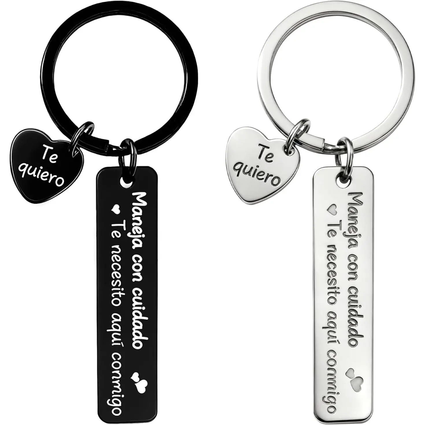 2Pcs Drive Safe Keychain for Him, I Love You Keychain Black and Silver, Spanish Message Maneja Con Cuidado Te Necesito Aqui Conmigo & Te Quiero Heart, Gift for Husband, Dad - Car Accessories