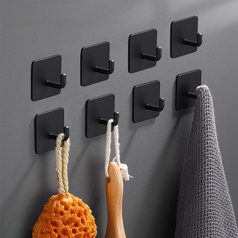 Adhesive Hooks for Hanging, Self-Adhesive Wall Hook for Key Hat Coat, No Drill Stick on Bathroom Towel Hooks, Shower Kitchen Door  Outdoor 8 Pack, Black