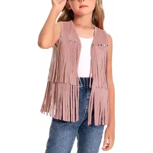 2025 Girls Suede Fringe Vest Sleeveless Rivets Jacket Boho Tassels Cardigan Western Cowgirl