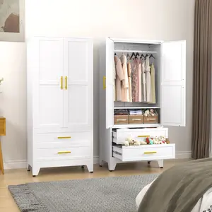 Metal Wardrobe Closet with 2 Doors & 2 Drawers, 71"" Tall Armoire Wardrobe Closet with Hanging Rods and Adjustable Shelf, Steel Wardrobe Storage Cabinet for Bedroom, Large mothersdaygift
