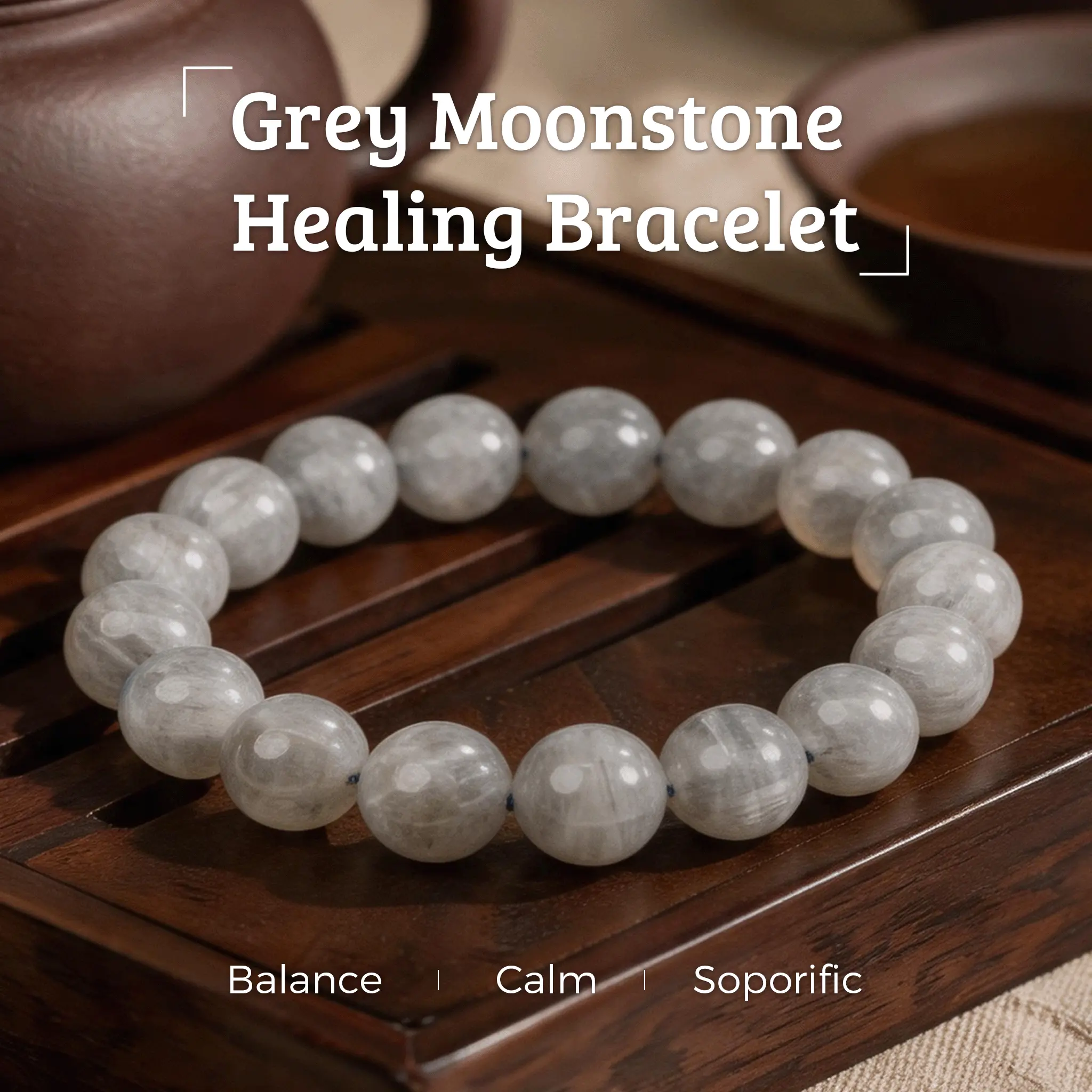 LUMAWU Natural Grey 14mm Moonstone Healing Bracelet with Bold Beads - Unisex Fit, Anxiety Relief, Sleep Support, Emotional Balance, Wellness Costume Jewelry for Everyday Wear, Mental Health, Mindfulness, Daily, 44G, Inner Calm