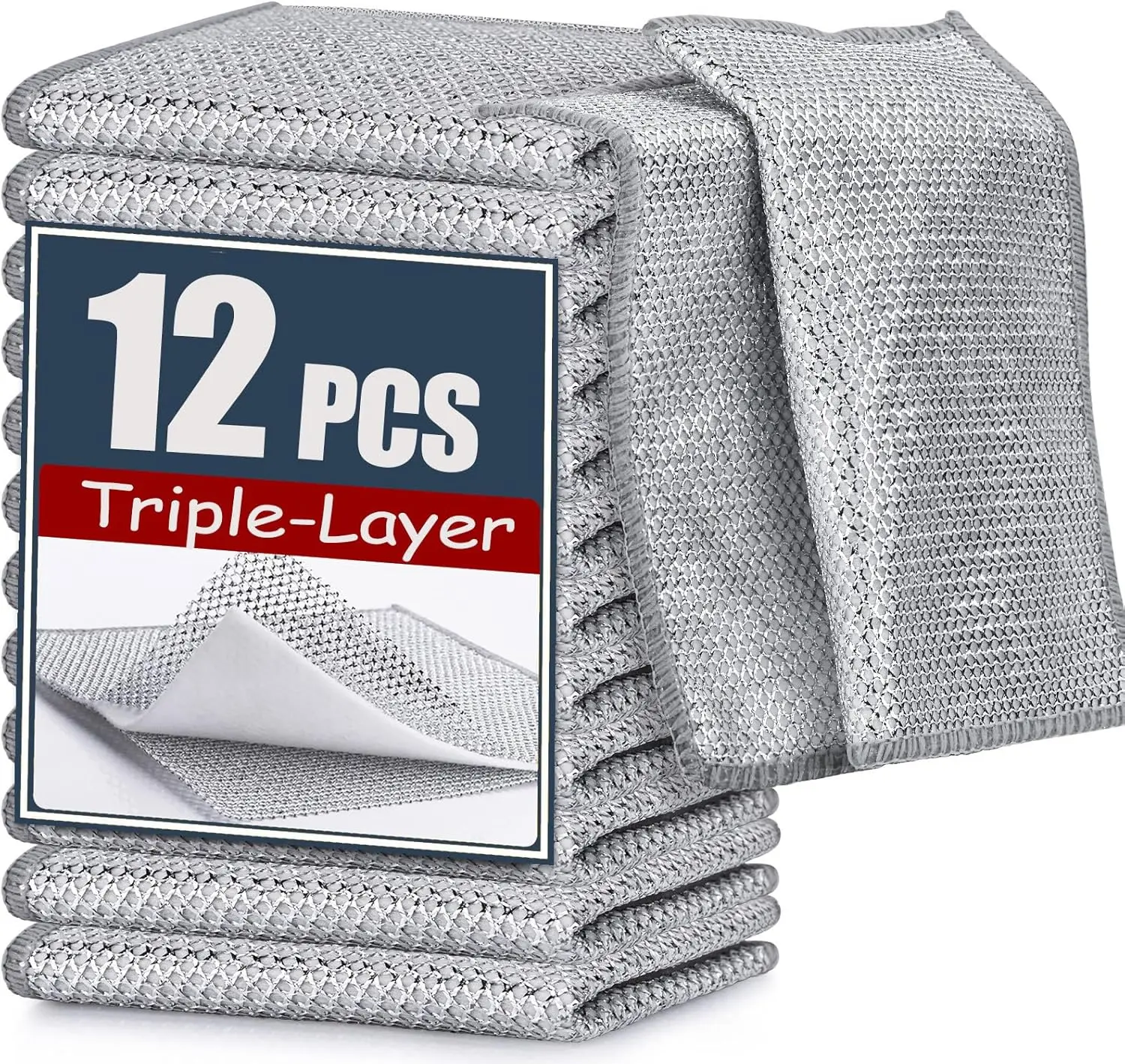 12 Pcs New Cleaning Cloth ,Triple-Layer Steel Wire Cleaning Cloth Wire Dishcloth Rag for Cookware, Sinks, Dishes, Stove Tops