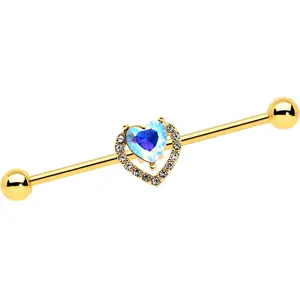 14G Aurora Gem Gold Hue Rococo Heart Industrial Barbell 38mm