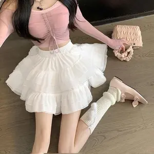New In Clothes Sweet Korean Casual Summer Trend White Lace Cake Mini Skirt Ballet Syle High Waisted Mesh Canopy Short Dress