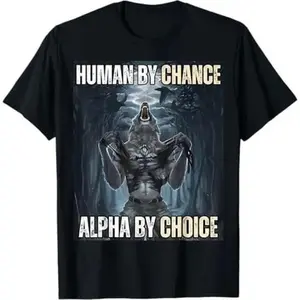 T Shirt   Human By Chance FunnyWolf Meme T-Shirt casual crew neck  t-shirt Fashion Menswear