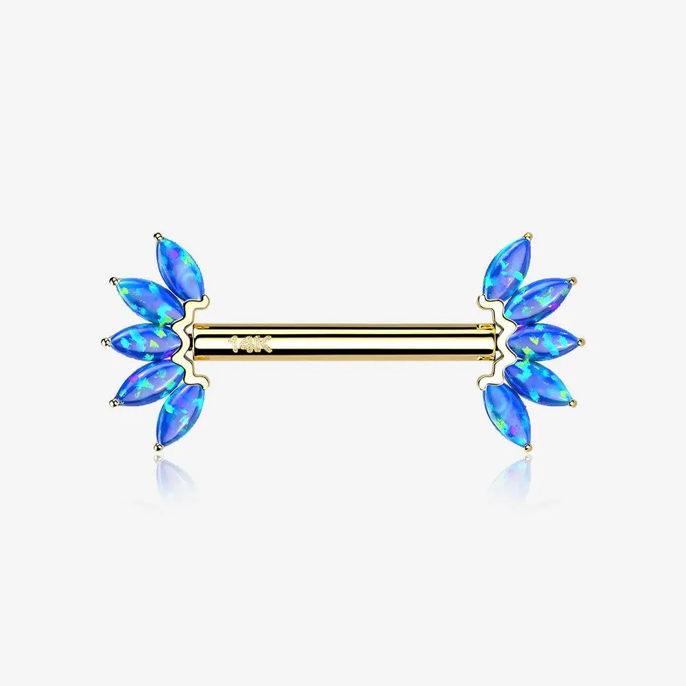 A Pair of 14 Karat Gold OneFit™ Threadless Marquise Fire Opal Floral Nipple Barbell
