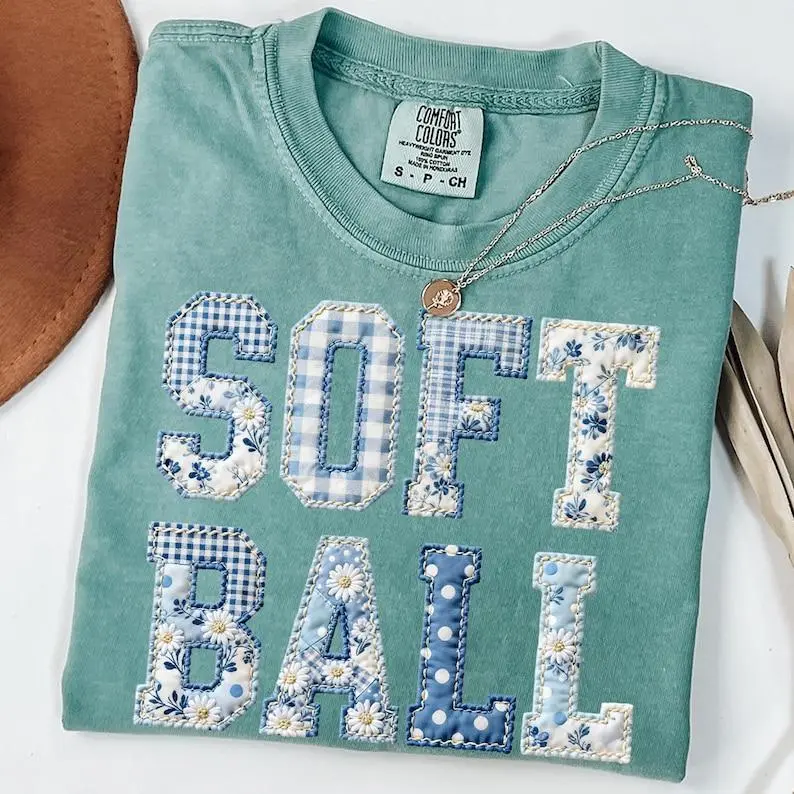 Comfort Colors (printed tee) Softball Shirt, Blue Floral Patchwork Varsity Graphic Tee, Vintage Softball Mom T-Shirt, Cute Game Day Sports Shirt, Unisex Garment Dyed Cotton Tee