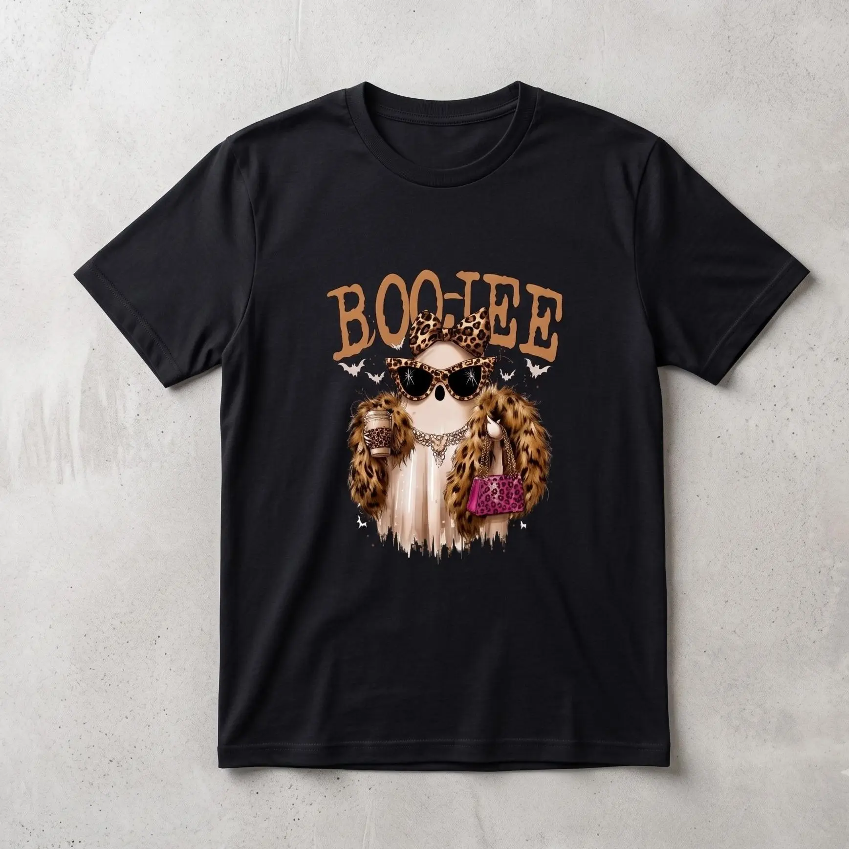 Boo-Jee Ghost Shirt, Leopard Ghost Coffee Graphic Tee, Funny Fall Halloween T-Shirt, Spooky Season Gift for Women