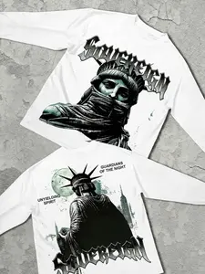 Unisex Long Sleeve Fitted T-Shirt, Lady Liberty Sculpture Letter Print, Casual Streetwear Fashion Comfort Simple Pure Color Tee Top