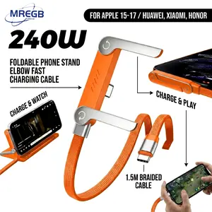 MREGB 240w Invisible Holder Charger Cable with Stand, Super Fast Charging 2-in-1 Fast Charging Cord & Phone Stand for Gaming, Office, Car Travel, Compatible with iPhone Samsung Type-C charging cable Black Device Durable Foldable Cellphone Smartphone tikto