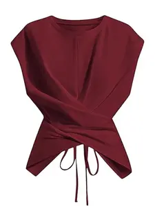 Women's Knitted Round Neck Drop Shoulder Sleeve T-Shirt, Fashion Casual Asymmetrical Criss CrossBack Tie Top, Spring & Fall Wear