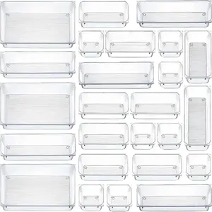 Clear Plastic Drawer Organizers Set - 25 PCS with 4-Size Versatile Trays for Bathroom, Vanity, Kitchen, Closets, and More