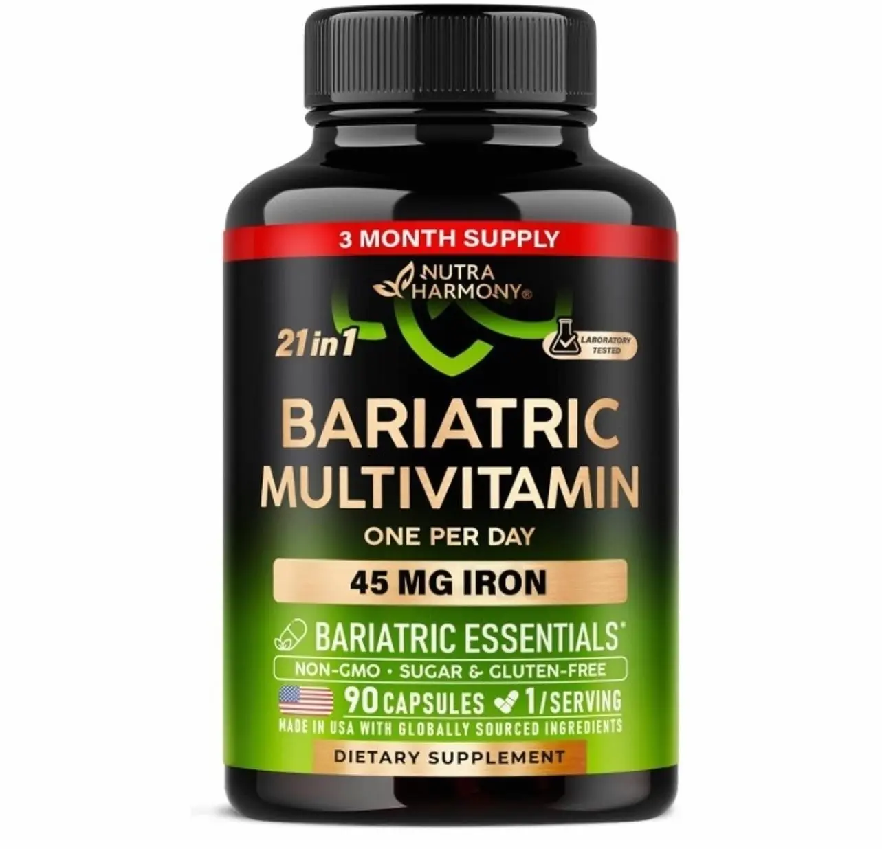 Bariatric Multivitamin - 45 mg Iron Supplements - Made in USA - for Women & Men - All-in-One, 21 Essential Vitamins - Gastric Sleeve Support - Free of Sugar, Gluten & Soy - 90 Capsules, Once Daily