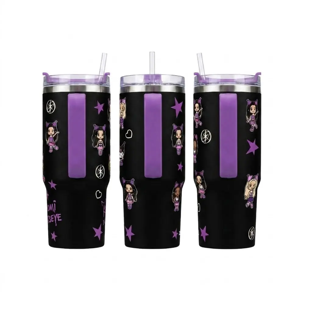 Purple Gothic Pop Music Graphic Tumbler, Cute Character Inspired Insulated Travel Cup, Black and Purple Fan Drinkware, Alternative Girl Group Gift