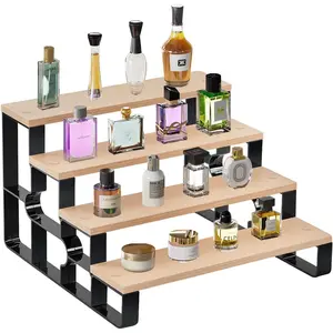 Perfume Organizer for Men,4 Tier Cologne Organizer Stand,Display Shelf Stands for Dresser,Wooden Shelf Display Risers for Party,Makeup,Figures,Cupcake,Dessert(Brown,Width=11.2")