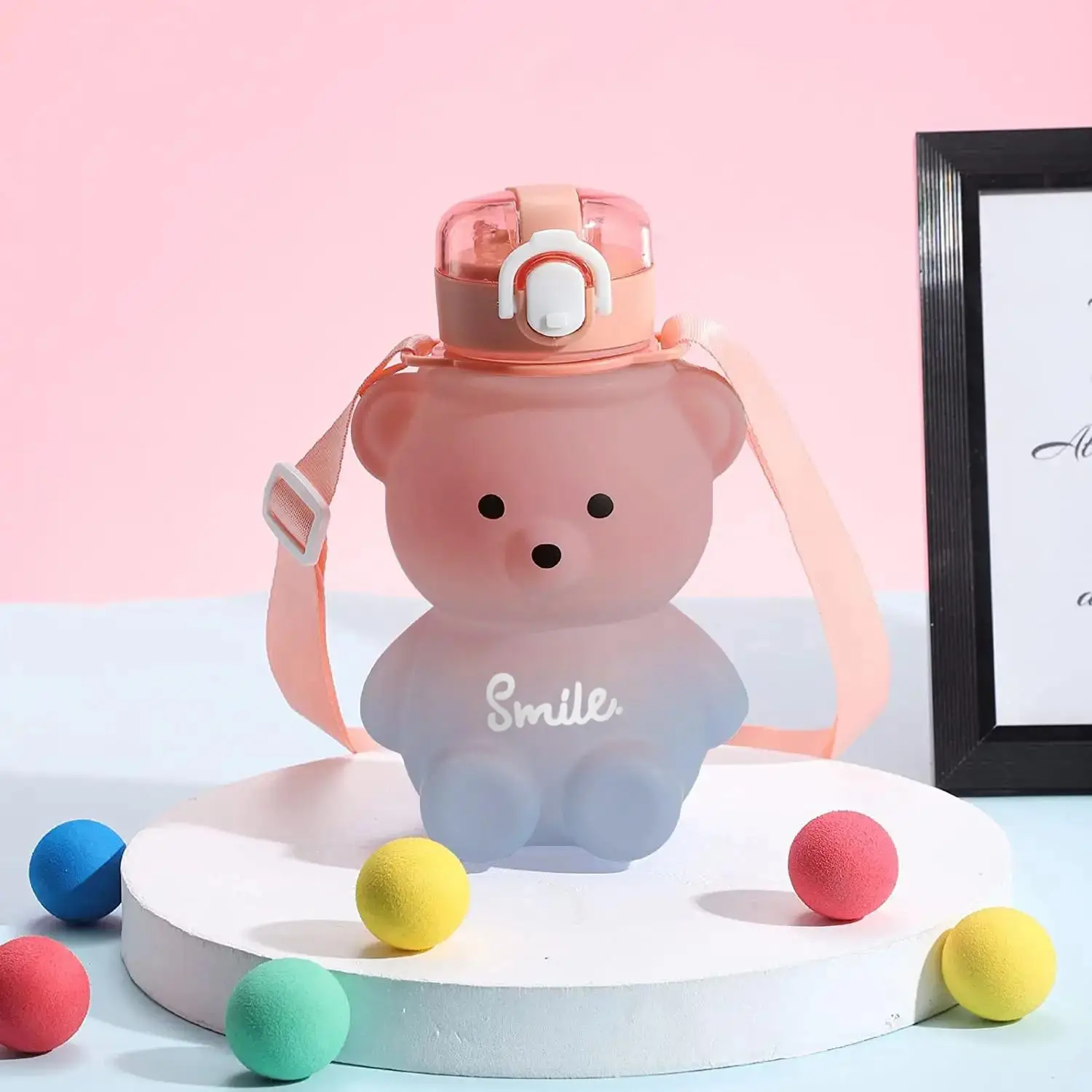 Cartoon Bear Design Water Bottle, Gradient Water Bottle with Straw, Bear Straw Bottle with Adjustable Strap, Portable Leakproof Drinking Cup, Camping