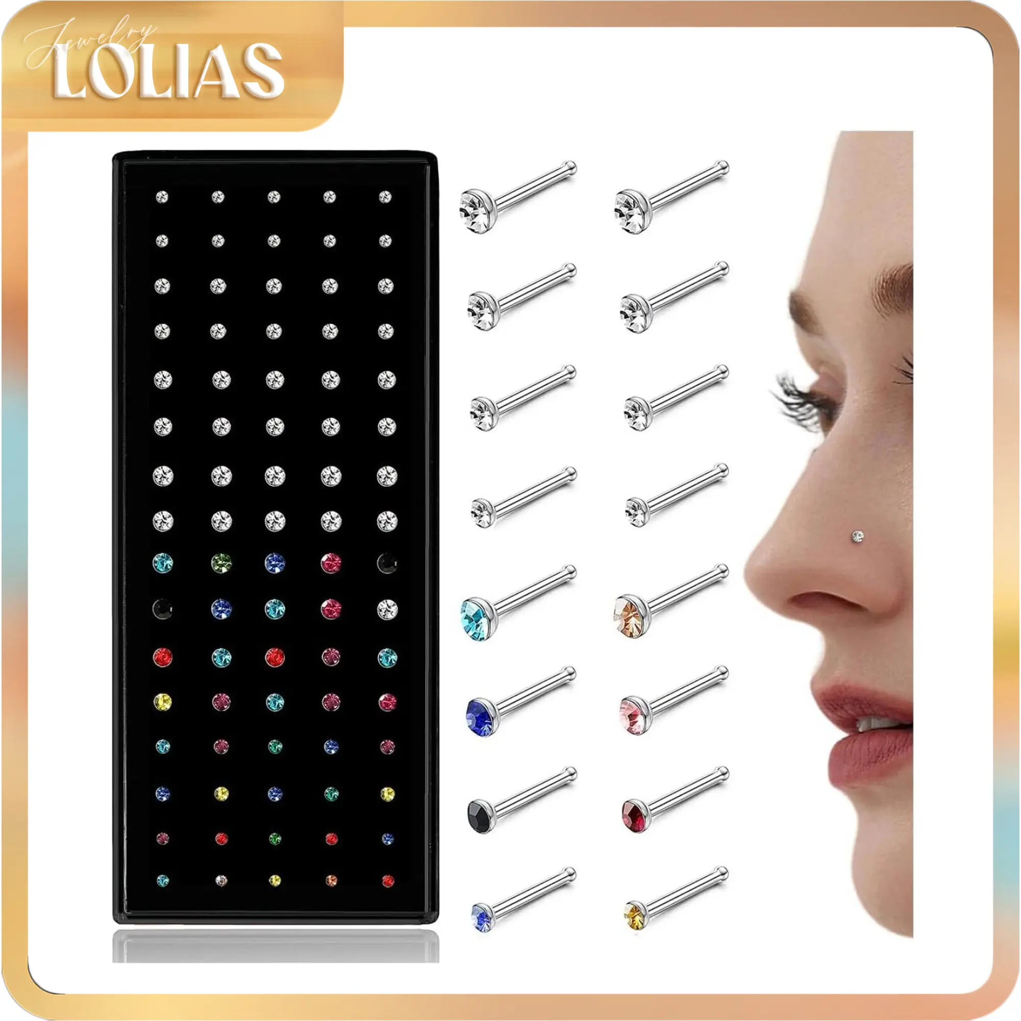 LOLIAS 80-160Pcs Nose Rings Studs for Women Men - Straight or L Shaped Surgical Stainless Steel Small Nose Studs Pin - Hypoallergenic 20G 22G Tiny Nose Piercing Jewelry 1.5/2/2.5/3 mm CZ