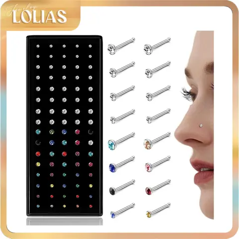 LOLIAS 80-160Pcs Cubic Zirconia Nose Rings Studs for Women - Straight/L-Shaped Surgical Stainless Steel 20G/22G Tiny Body Piercing Jewelry, Nickel-Lead-Free Waterproof Tested 1.5/2/2.5/3mm Pins