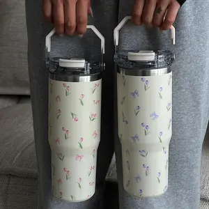 Floral Pattern Vacuum Flask Thermos Cup, 1 Count Large Capacity Insulated Water Bottle with Handle & Straw, Portable Drinking Cup for Home Office School Outdoor, Insulated Tumbler, Drinkware