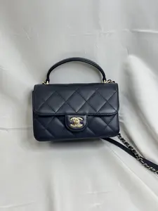 Pre-owned CHANEL leather Crossbody Bags Black Quilted Lambskin Small Top Handle Flap Pale Gold Hardware