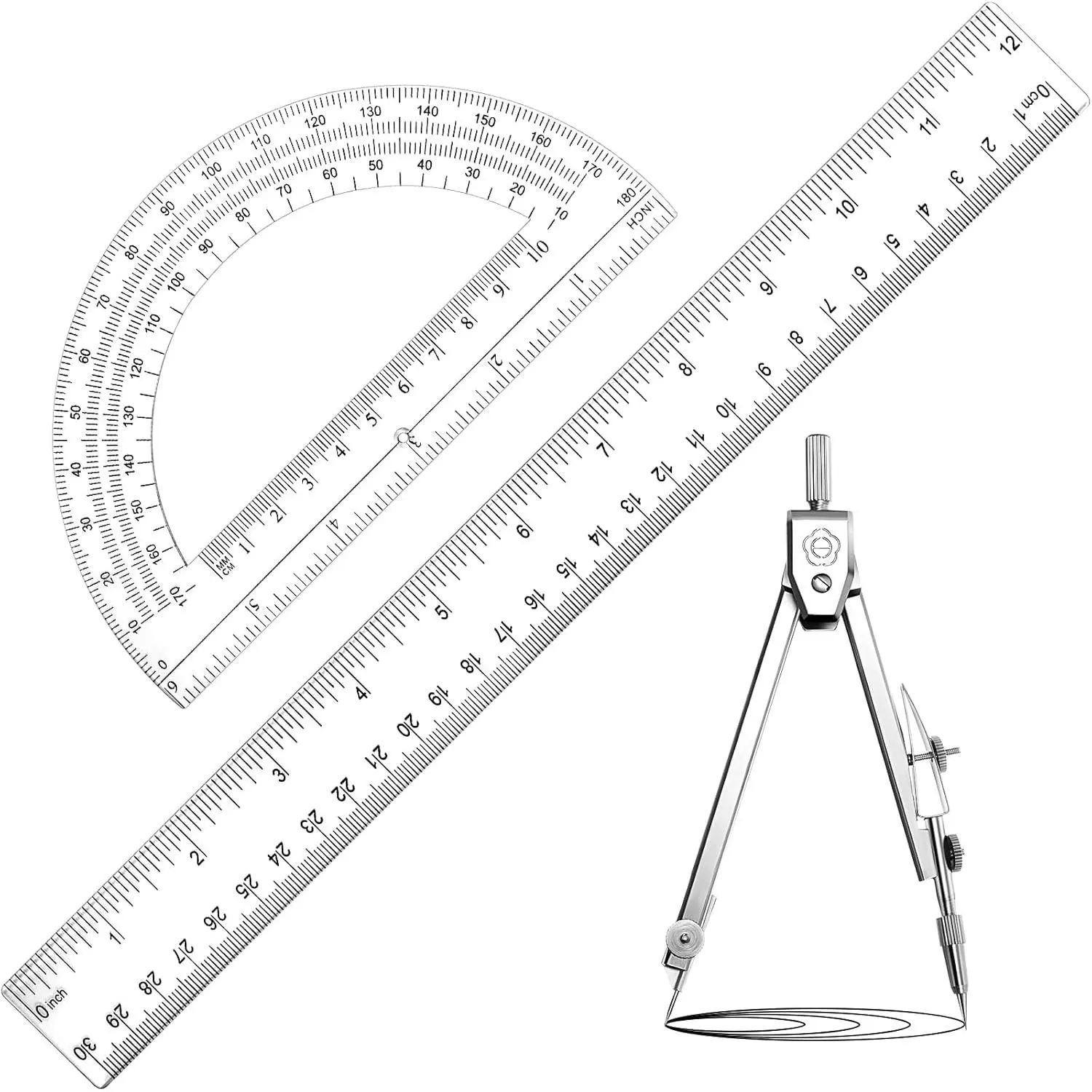3 Pcs Plastic Ruler 6 Inch Protractor Drawing Compass Set, Student Geometry Math Transparent Measuring Tools for Home School Classroom Office Supplies (12 Inch, Clear)