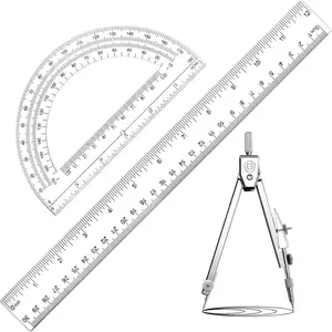 3 Pcs Plastic Ruler 6 Inch Protractor Drawing Compass Set, Student Geometry Math Transparent Measuring Tools for Home School Classroom Office Supplies (12 Inch, Clear)