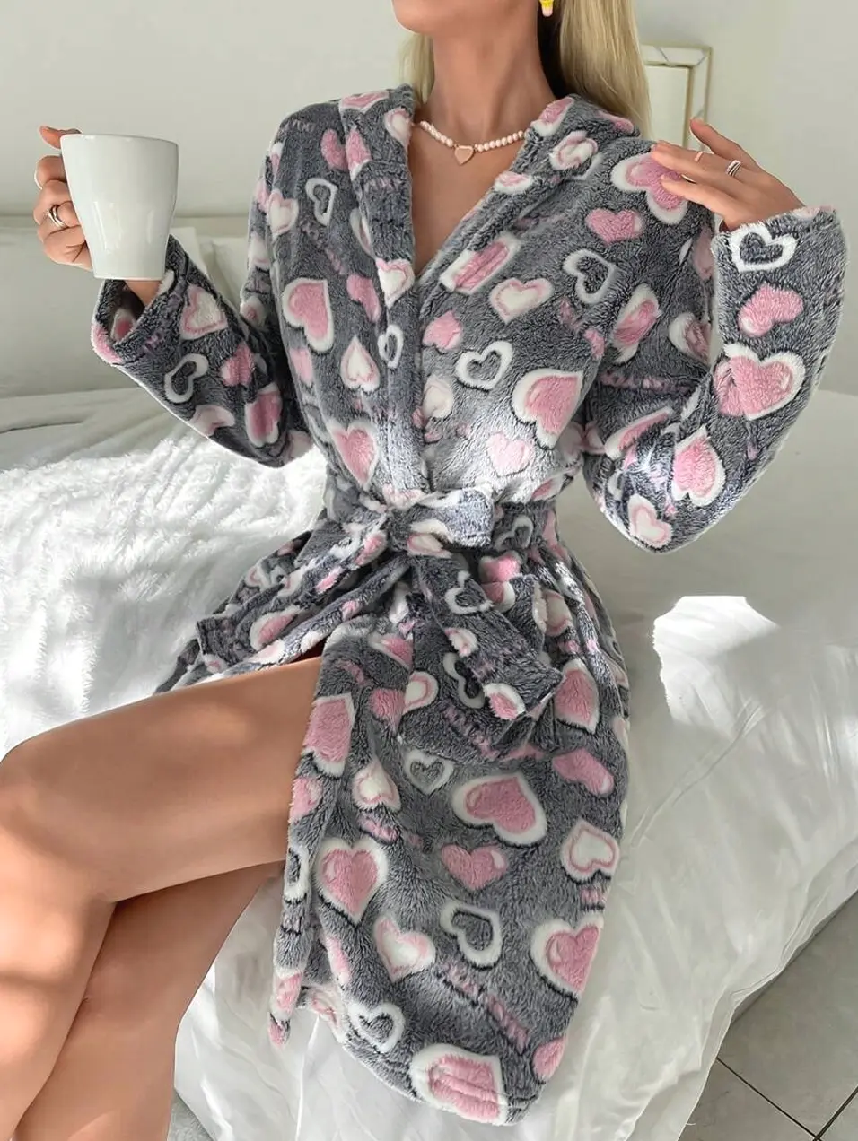 Heart Print Flannel Robe with Hood, Belted Waist, and Pockets