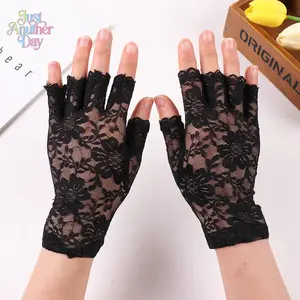 Women's Black Floral Lace Fingerless Gloves, Sheer Mesh Half-Finger Gloves, Stretchy Breathable Short Gloves for Summer Sun Protection & Daily Wear