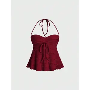 Sweetra Women's Solid Color Front Middle Drawstring Racerback Halter Tank Top Fit Casual