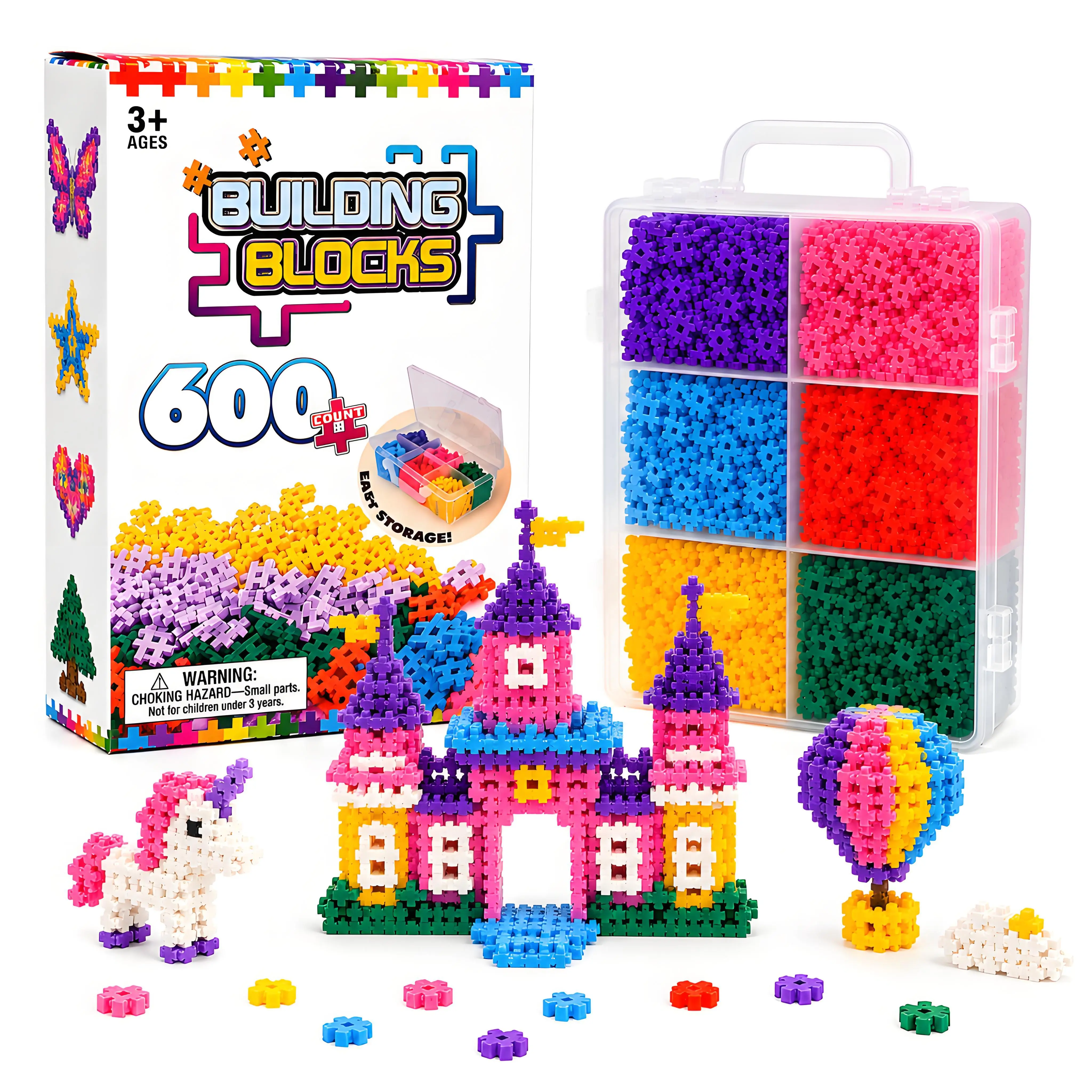 600-Piece Plastic Building Blocks Set for Kids, Colorful Interlocking Kids Toys with Storage Case, Creative STEM Learning Toy for Ages 3+