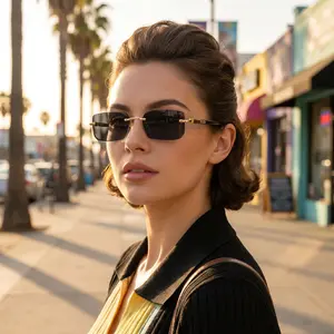Unisex Rimless Rectangle Sunglasses - Premium Beveled Edge Tinted Shades with Gold Accents, Chic 90s Vintage UV400 Eyewear for Travel & Resort