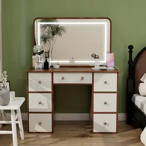 LInor Vanity Desk with Power Outlet, Makeup Vanity with Mirror and 3 Adjustable LED Lights, Makeup Desk with 9 Drawers for Bedroom and Dressing Room (Black Walnut)