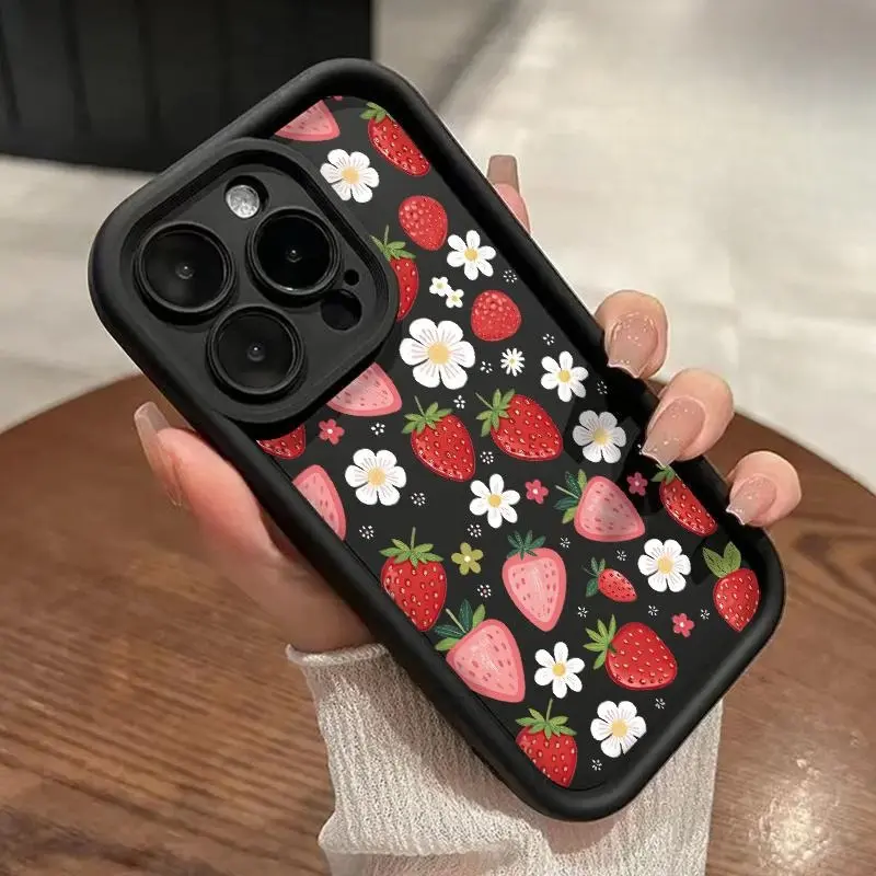 Phone Case Compatible With IPhone 17 Air 16E 15 Pro Max 14 Plus 13 12 Mini 11 X XS Plus E Strawberry Daisy Pattern TPU Lens Protection Durable Soft Cover, Friend Gift