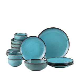 4/8-piece ceramic tableware set, kiln turned sea blue color, European style, microwave and dishwasher safe, suitable for home kitchens, high-end Western restaurants and other places, pottery set, tableware set